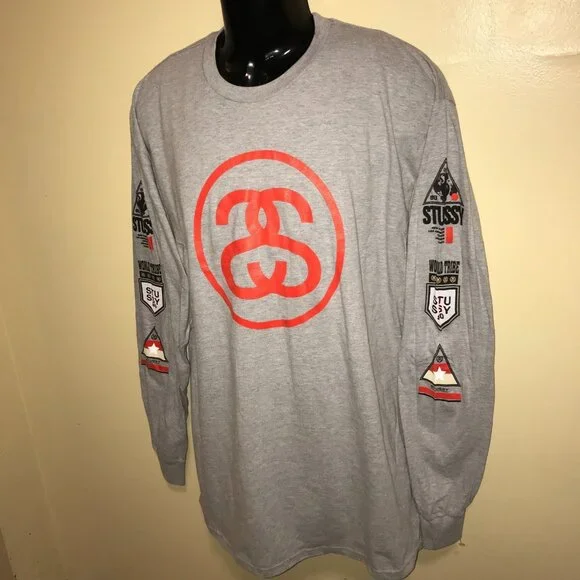 Men's Stussy Logos Long Sleeve Gray T-shirt -Size: XL - Picture 7 of 10